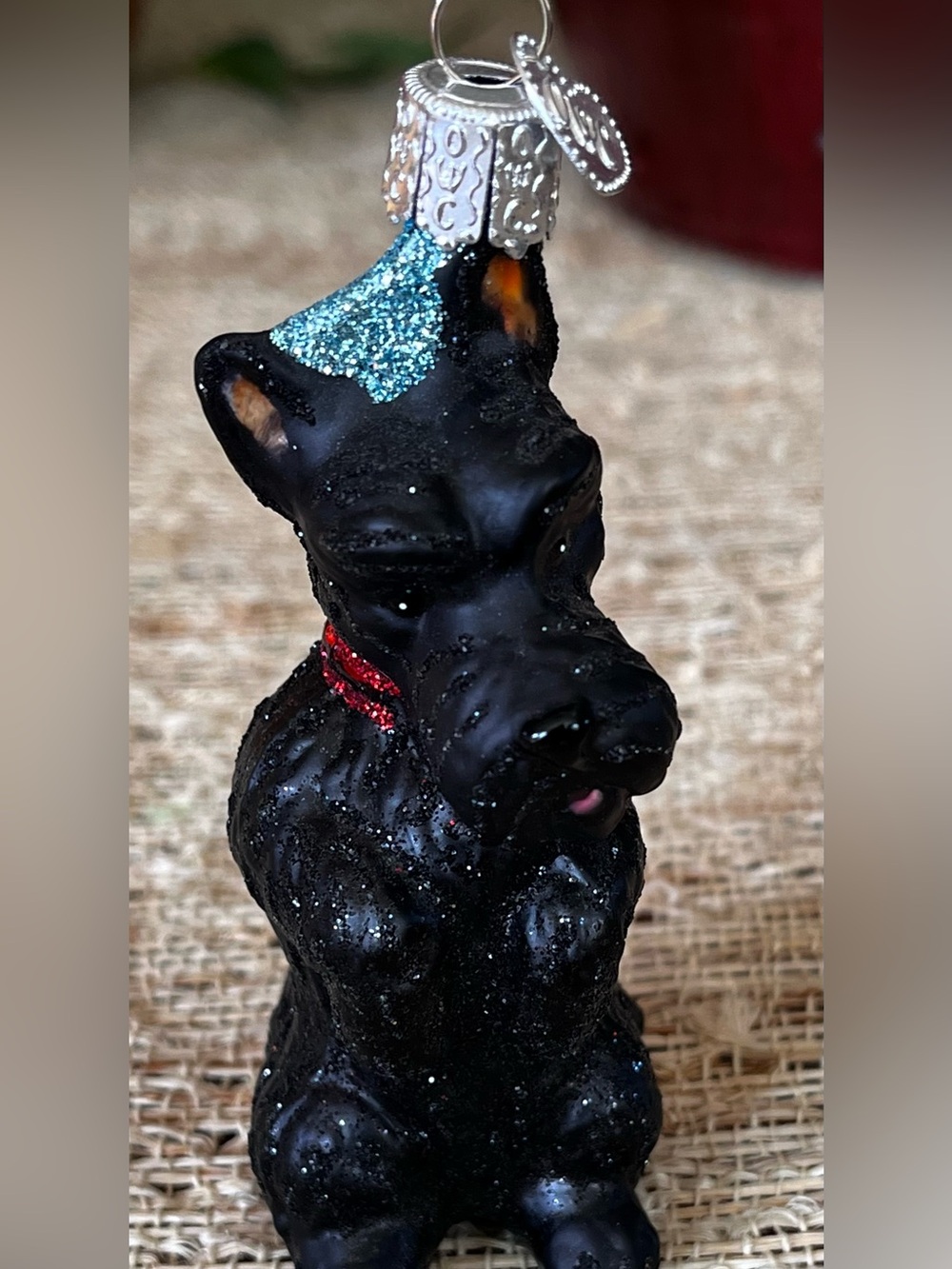 Old World Christmas Black Sparkle Scottie Dog Ornament with Red Collar Glass
